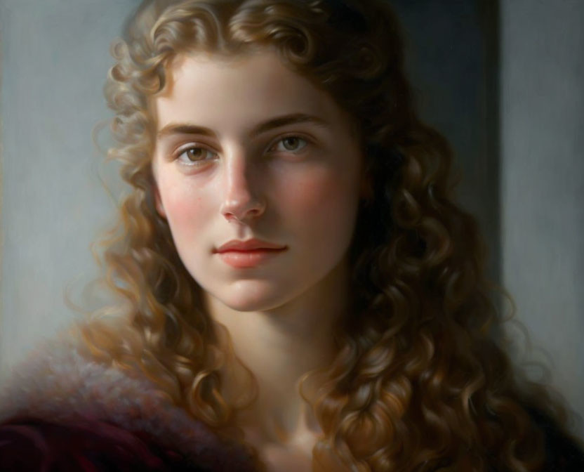 Young woman with curly hair in serene expression, gazing sideways in soft lighting