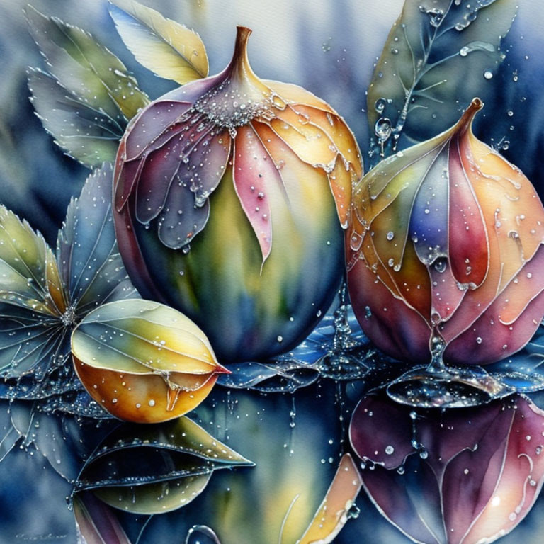 Vibrant figs and leaves with water droplets on reflective surface