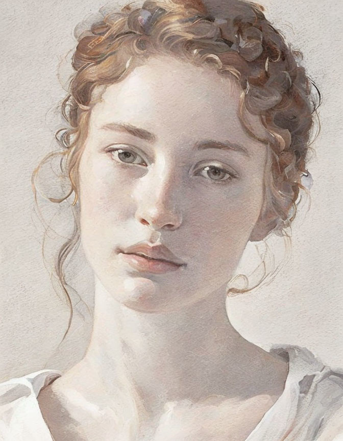 Portrait of a Woman with Soft Eyes and Curly Hair