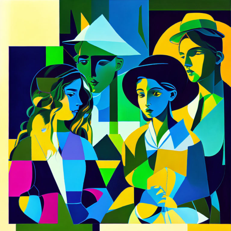 Vibrant Cubist-Style Artwork: Abstract Human Figures & Geometric Shapes