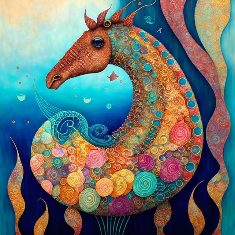 Colorful seahorse painting with intricate patterns on blue aquatic background