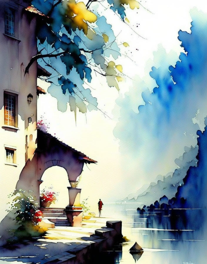 Scenic riverside watercolor with person under archway surrounded by vibrant foliage