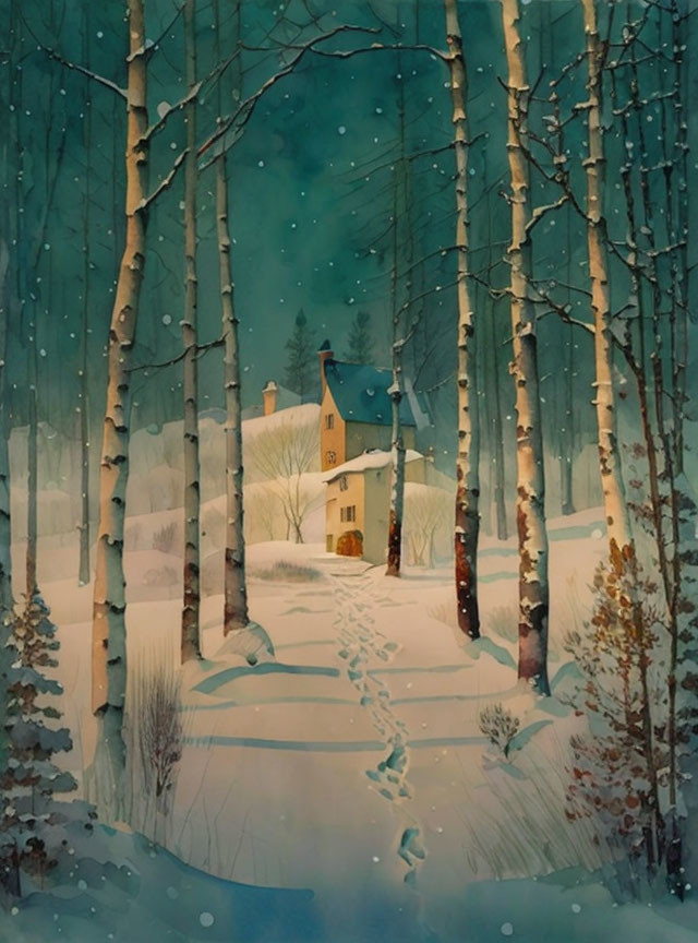 Snowy landscape with cozy house and birch trees at night