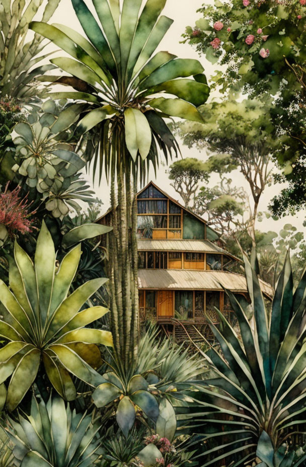 Watercolor illustration of cozy cabin in lush tropical foliage