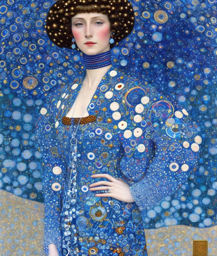 Stylized portrait of woman in blue coat and hat on ornate background