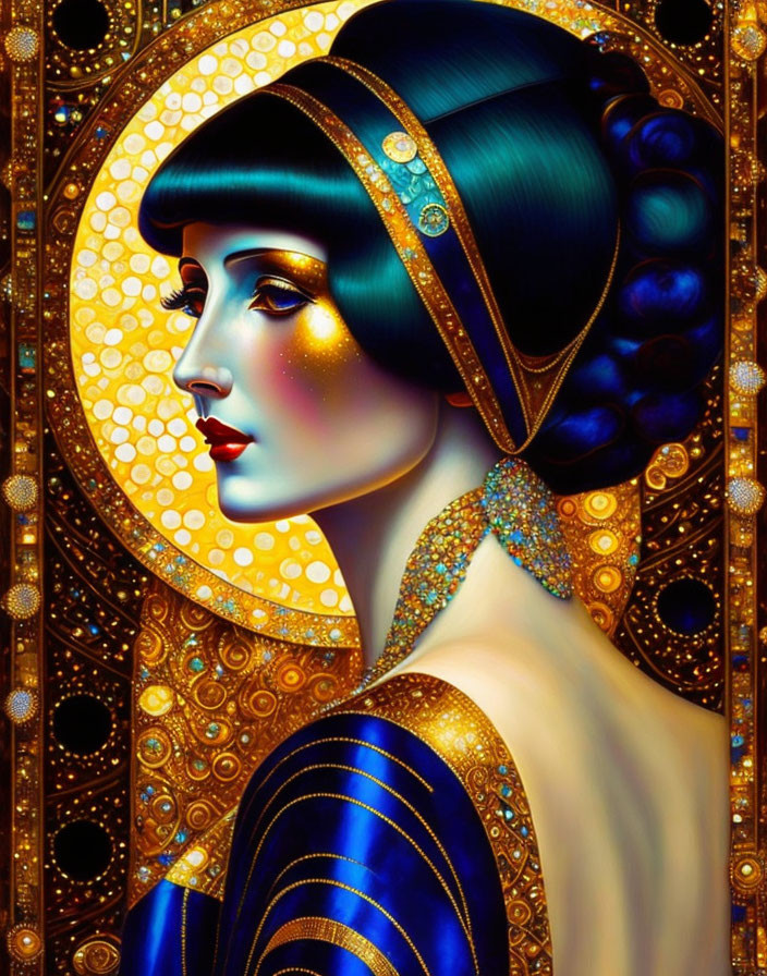 Colorful Art Deco Woman Illustration with Blue Hair & Golden Headpiece