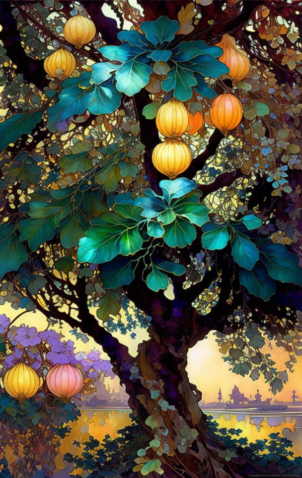 Vibrant tree with yellow lantern fruits in art nouveau fantasy style