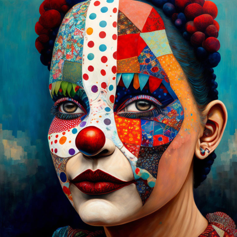 Colorful Patchwork Face Painting with Clown-Like Features