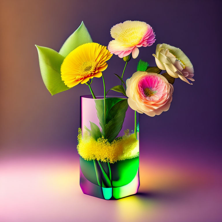 Colorful bouquet of yellow, pink, and white flowers in glass vase on purple backdrop