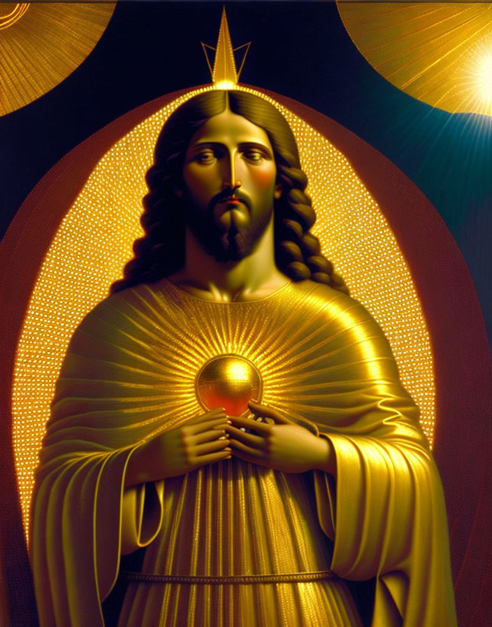 Religious icon with figure in halo, golden robe, holding red sphere