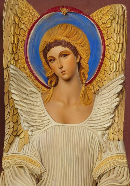 Angel painting: golden hair, blue halo, cream wings, maroon backdrop
