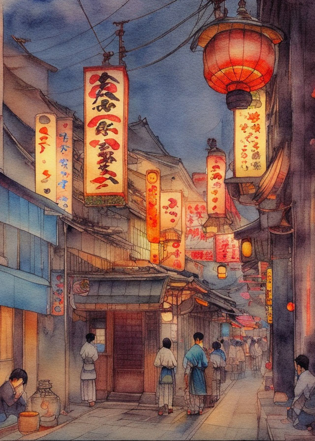 Colorful Watercolor Painting of East Asian Street with Red Lanterns and Traditional Signage