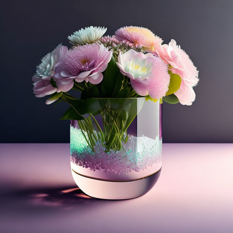 Glass Vase with Metallic Base and Fresh Pink and White Flowers on Dual-tone Background