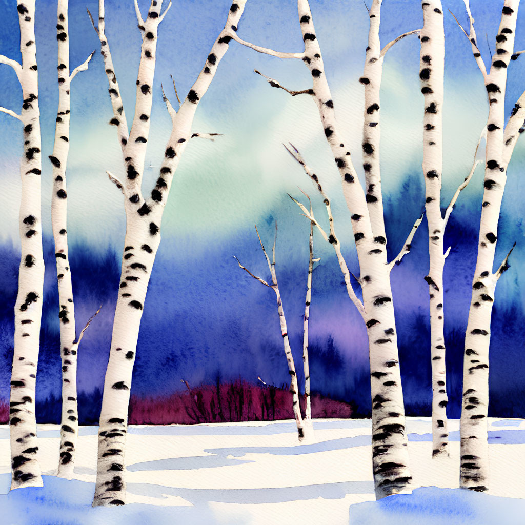 Winter Birch Forest Watercolor Painting with White Trees and Snow