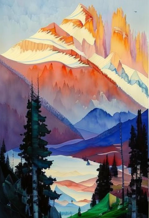 Colorful Watercolor Landscape: Layered Mountains, Misty Forests, Serene Lake