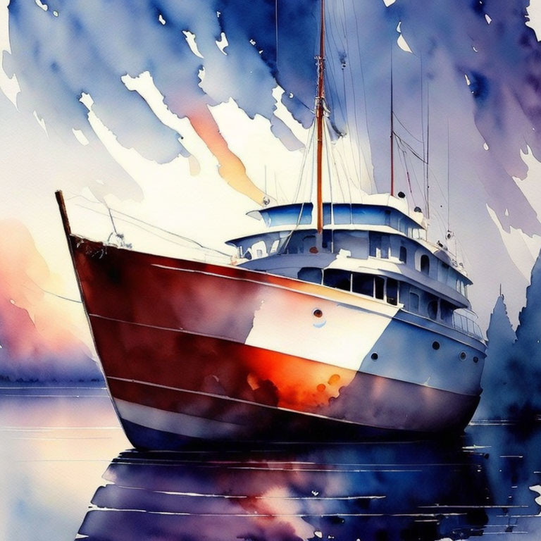 Vibrant watercolor painting of boat on calm waters with tree and sky backdrop