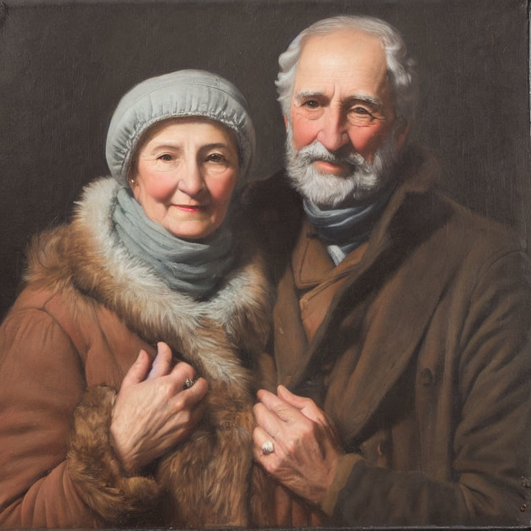 Elderly couple in warm winter clothing smiling gently in close embrace