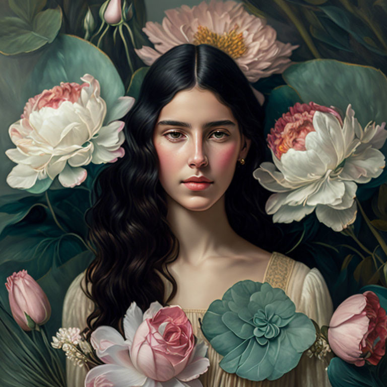 Young woman with long wavy hair in flower-filled painting