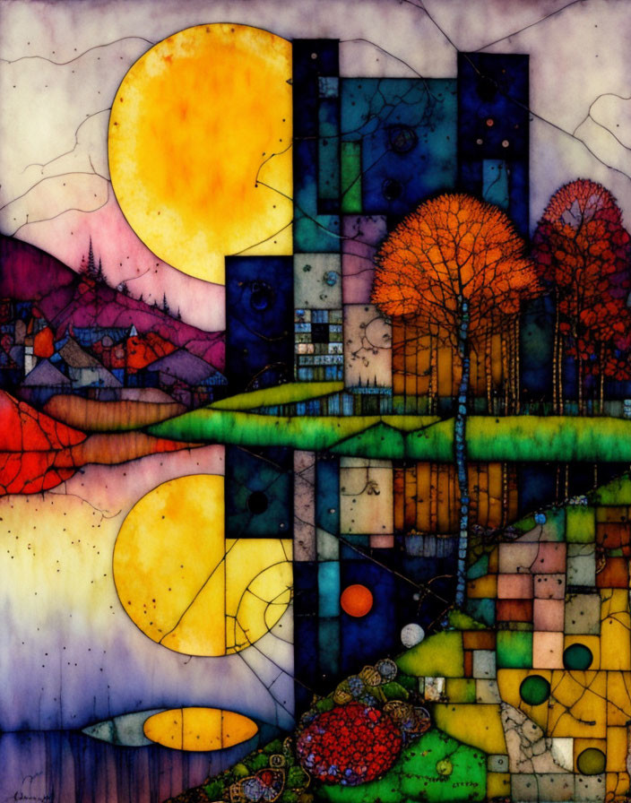 Colorful Stained Glass-Style Artwork of Abstract Landscape