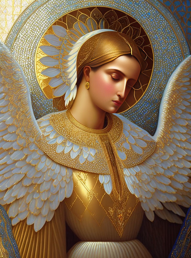 Golden halo angel in ornate robes on blue background