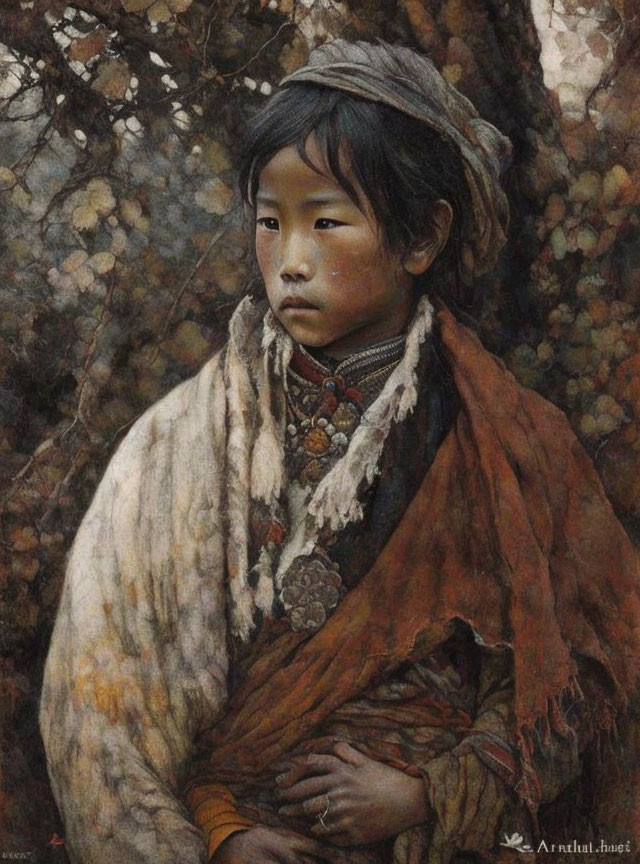 Young child in tattered shawl, contemplative expression, surrounded by muted floral patterns