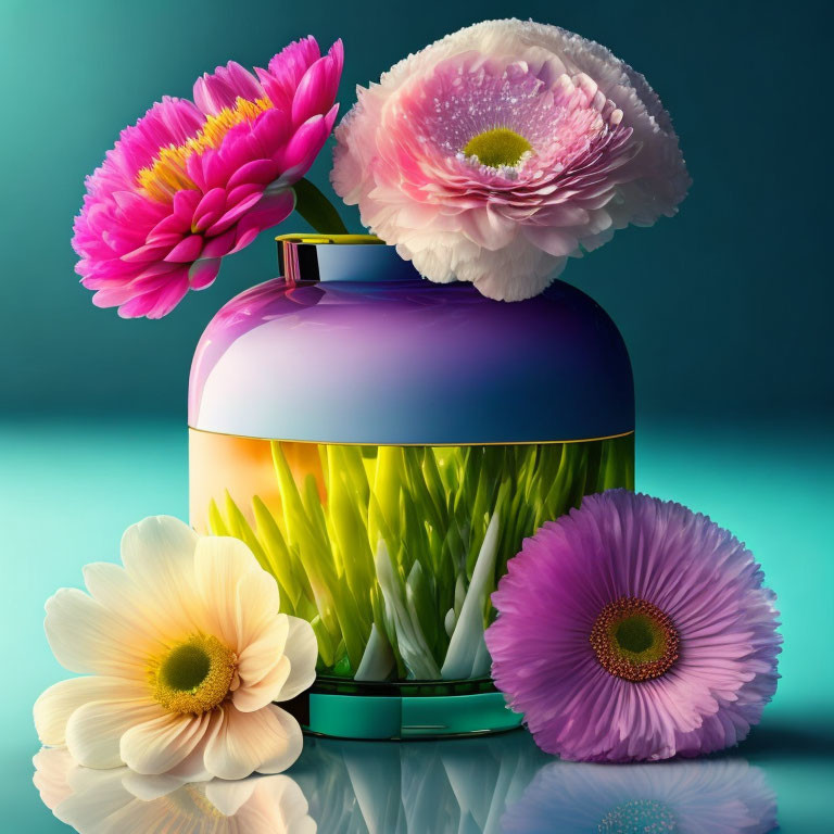 Colorful gradient vase with gerbera daisies on teal background