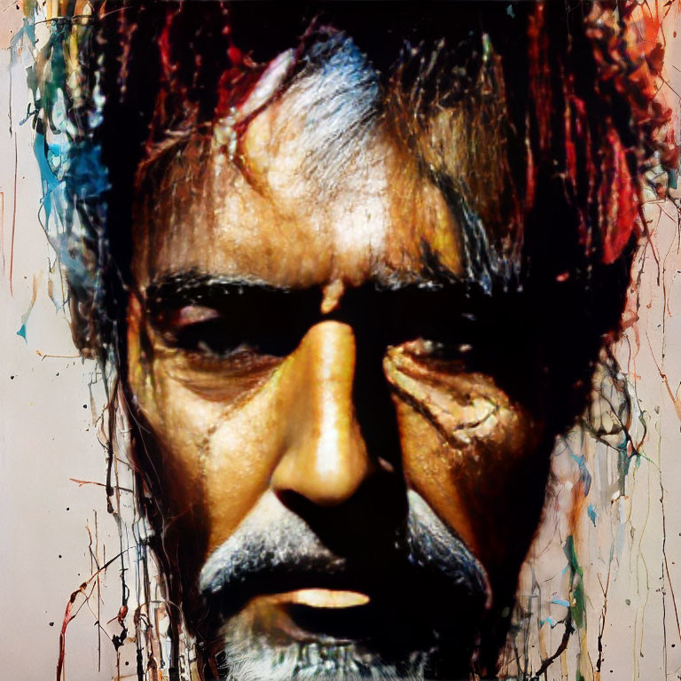 Portrait of a man with striking eyes and abstract paint streaks