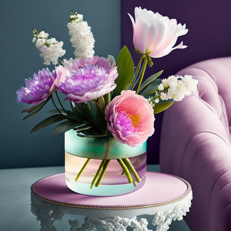 Pink and White Peonies in Multicolored Vase on Pink Table Near Purple Sofa