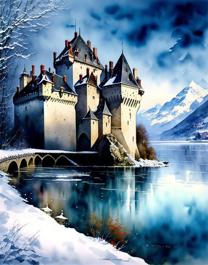 Winter castle with spires by snowy lake and mountains under blue sky