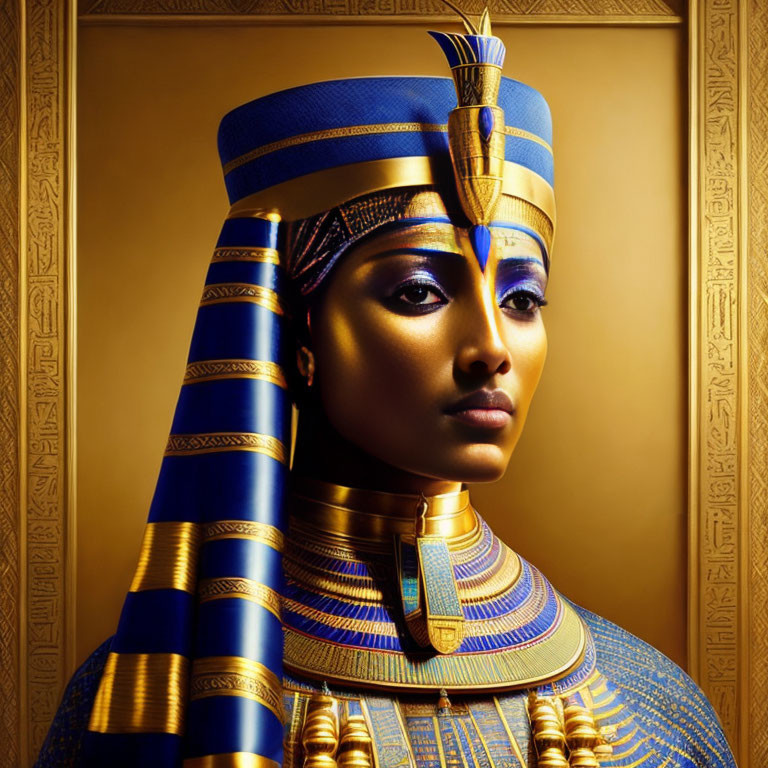 Elaborate ancient Egyptian headgear and costume with gold and blue stripes