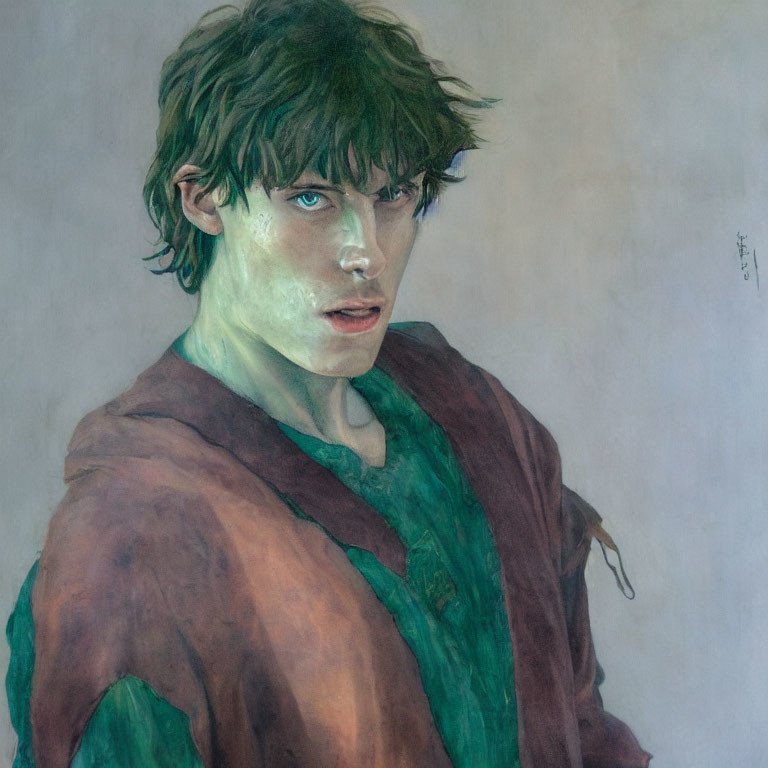 Young man with tousled green hair and intense eyes in rustic brown cloak