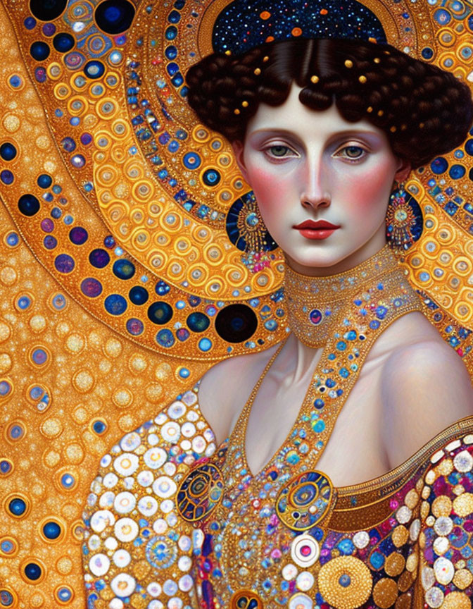 Colorful portrait of a woman with intricate patterns in Klimt-inspired style