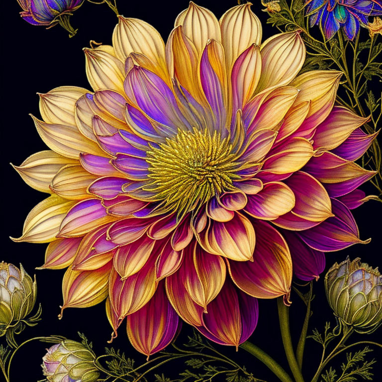 Colorful dahlia illustration on dark background with floral buds