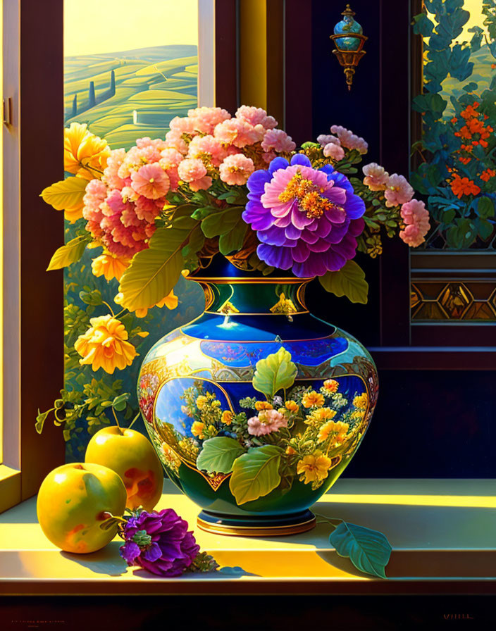 Colorful painting of blue vase and flowers on windowsill with apples and loose flower