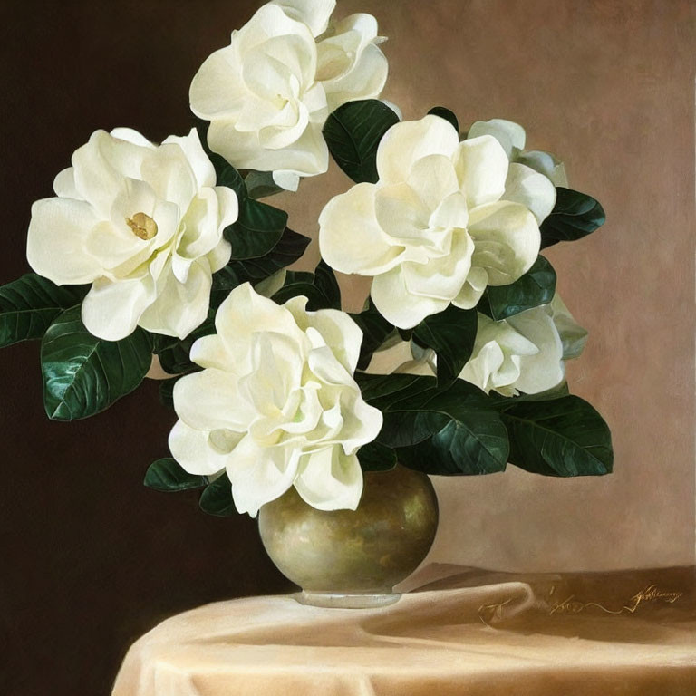 White Gardenias Bouquet in Bronze Vase Still-Life Painting