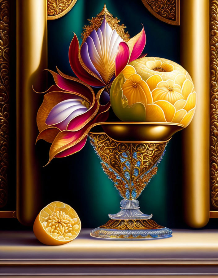 Vibrant lotus flower and golden sphere on ornate pedestal