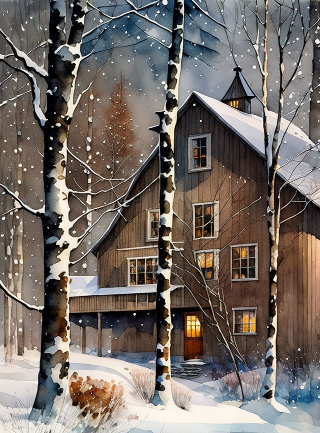 Snowy winter scene: Cozy house among trees with warm light in windows