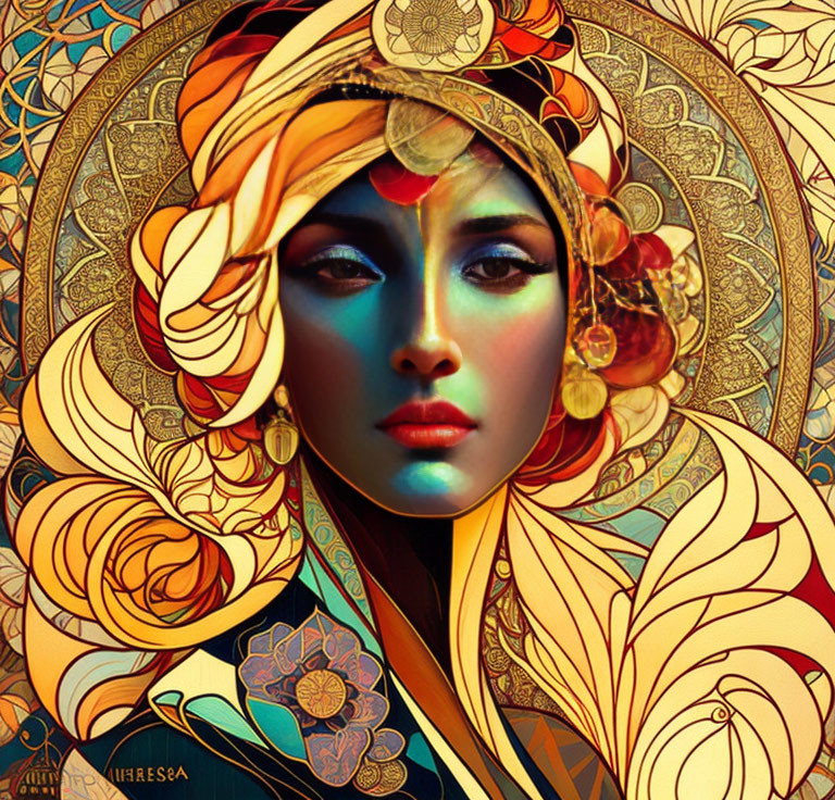 Colorful Art Nouveau Woman Portrait with Turban & Ornate Patterns