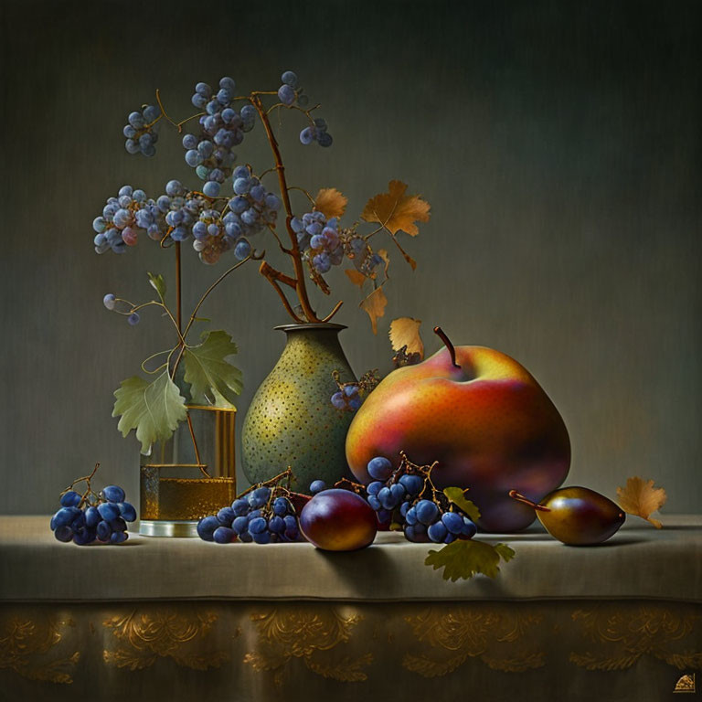 Still life painting with grapes, peach, plum, and reflective surface