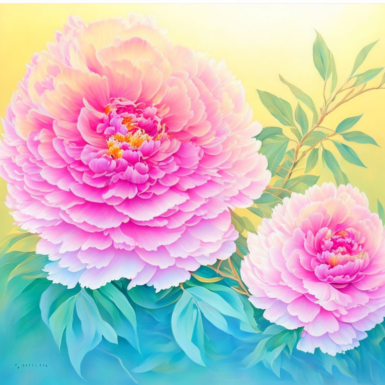 Lush pink peonies on pastel yellow background