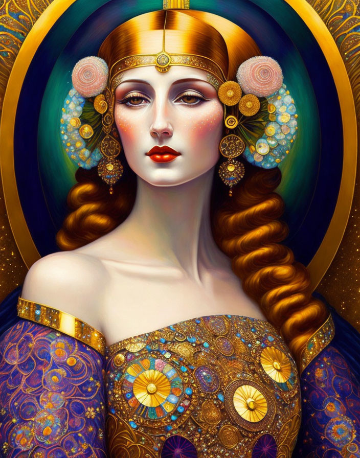 Illustrated portrait of woman with golden headpiece and Art Nouveau-inspired design