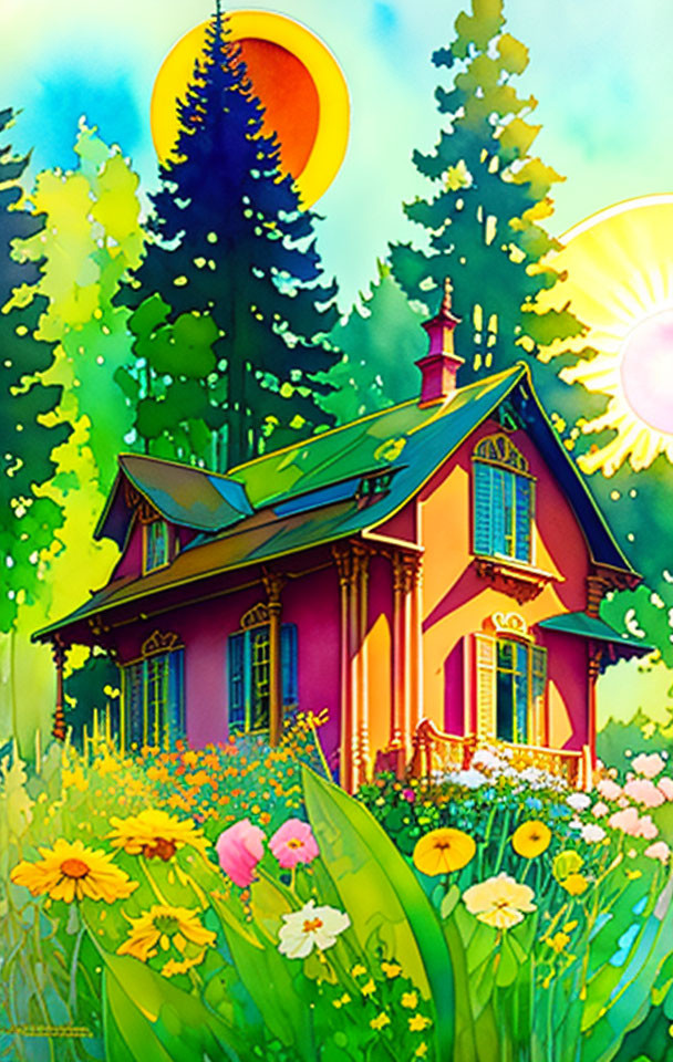 Illustration of quaint house in lush greenery with dual-tone sun.