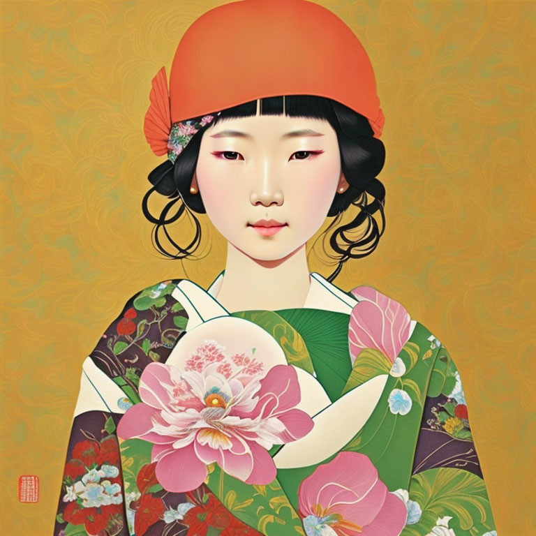 Stylized illustration of woman in red hat and East Asian attire with pink flower on yellow background