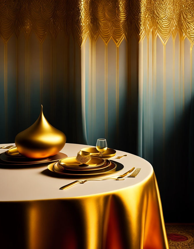 Luxurious Table Setting with Golden Decor on Yellow Cloth