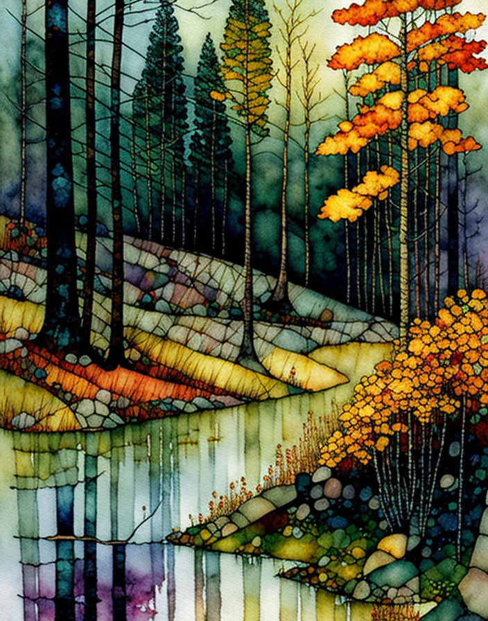 Stylized autumn forest in watercolor with warm tones