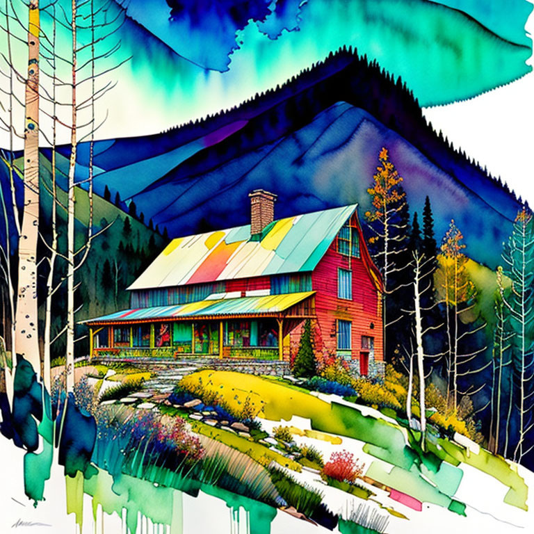 Colorful painting of red house with vibrant roof, blue mountains, and abstract trees.