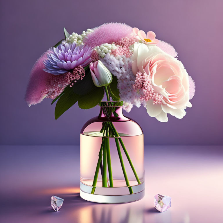 Transparent Pink Perfume Bottle with Lush Bouquet and Crystals on Purple Background