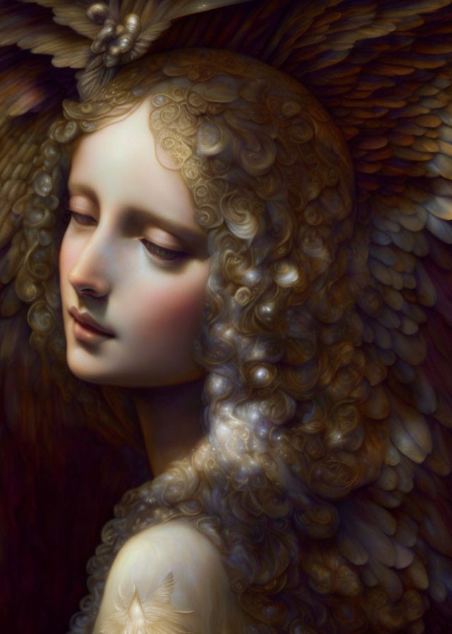 Serene angelic figure with golden curls and intricate brown wings