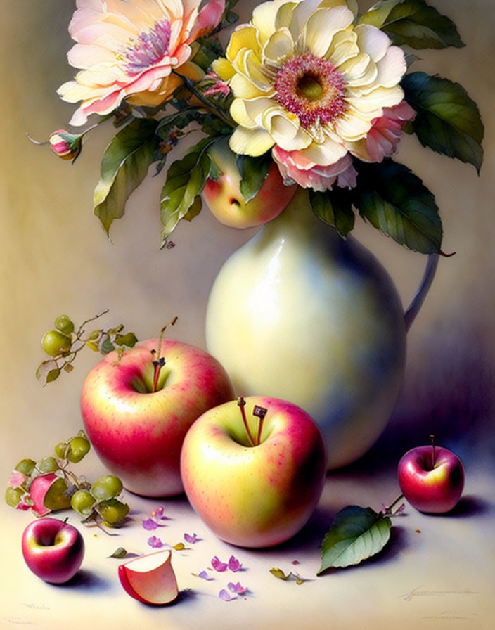 Classic Still Life Painting with Flowers, Apples, Grapes, and Petals