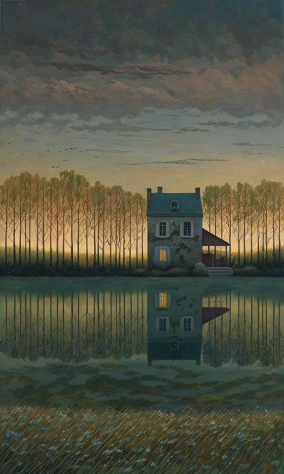 Tranquil house by lake at dusk with reflection, trees, and birds